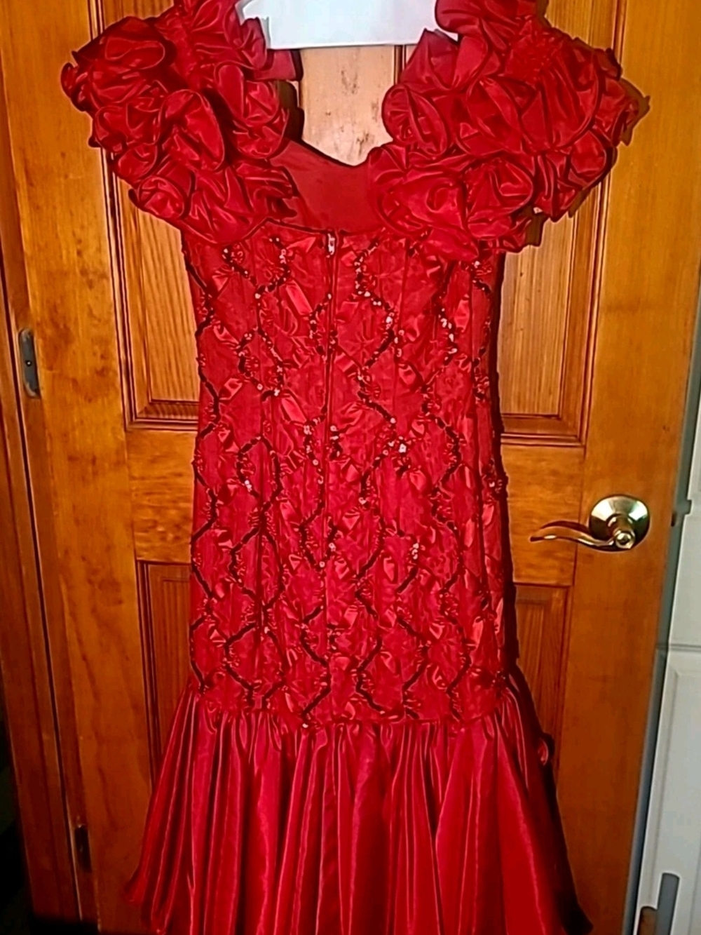 Red Ruffled Floral Appliqué Evening Gown By Dave & Johnny Size 7-8 - Picture 8 of 11